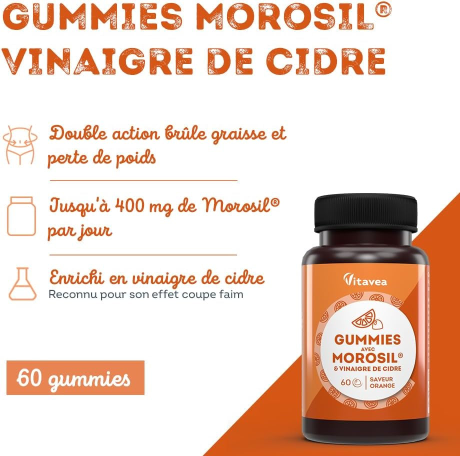 Gummies Morosil® 400 mg et Vinaigre de Cidre - Efficacité Scientifiquement Prouvée du Morosil®, Actif Breveté - Saveur Orange - Convient aux Vegans - 60 unités -
