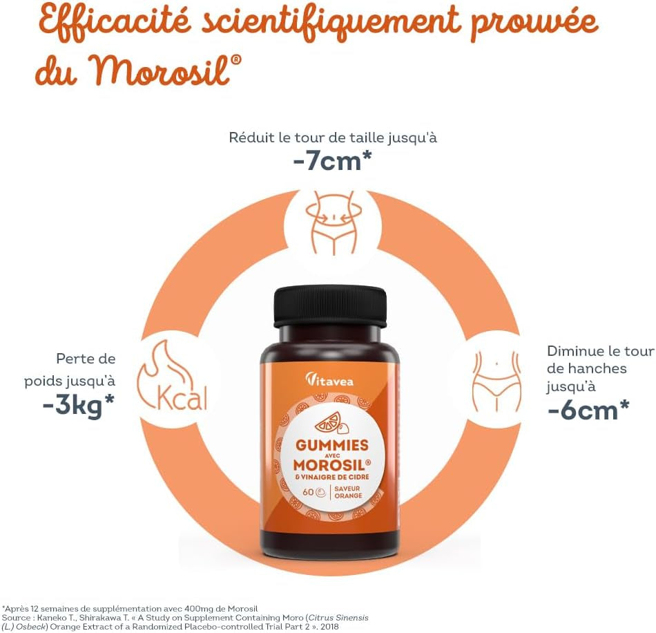 Gummies Morosil® 400 mg et Vinaigre de Cidre - Efficacité Scientifiquement Prouvée du Morosil®, Actif Breveté - Saveur Orange - Convient aux Vegans - 60 unités -