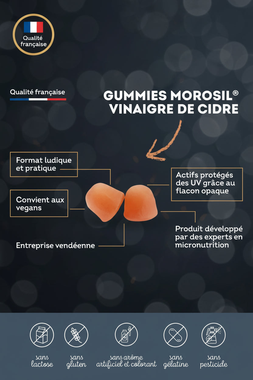 Gummies Morosil® 400 mg et Vinaigre de Cidre - Efficacité Scientifiquement Prouvée du Morosil®, Actif Breveté - Saveur Orange - Convient aux Vegans - 60 unités -