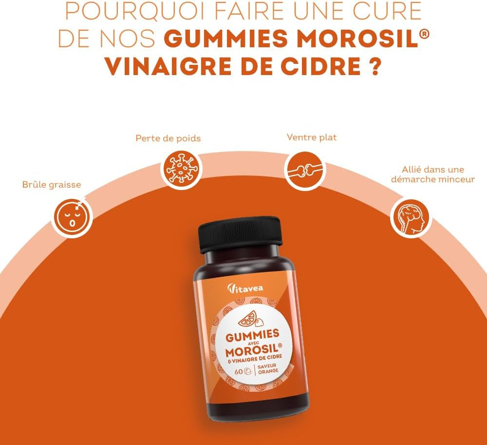 Gummies Morosil® 400 mg et Vinaigre de Cidre - Efficacité Scientifiquement Prouvée du Morosil®, Actif Breveté - Saveur Orange - Convient aux Vegans - 60 unités -