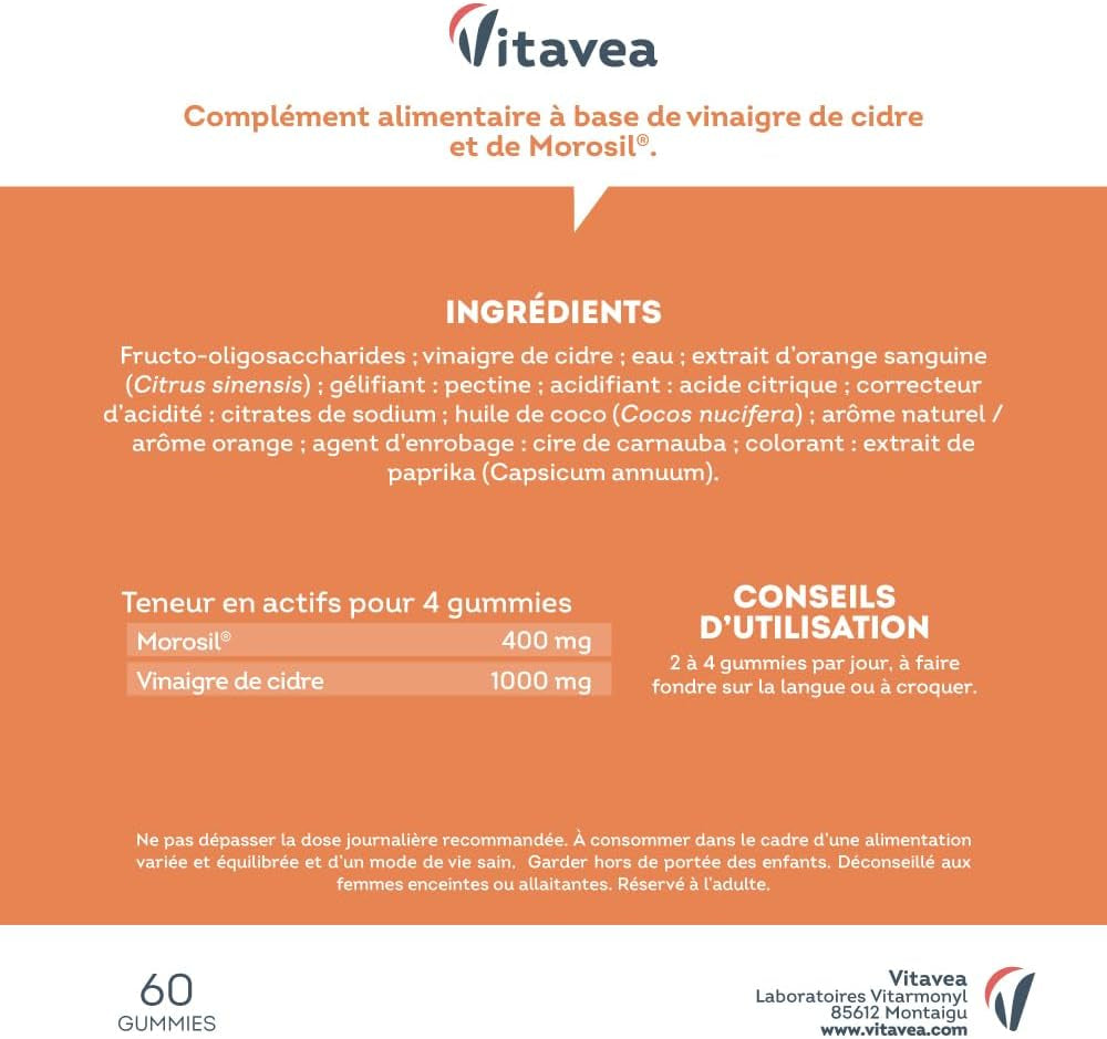 Gummies Morosil® 400 mg et Vinaigre de Cidre - Efficacité Scientifiquement Prouvée du Morosil®, Actif Breveté - Saveur Orange - Convient aux Vegans - 60 unités -